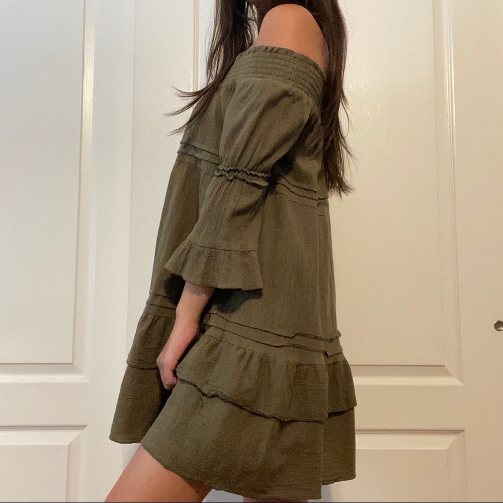 Olive Off the Shoulder Tiered Ruffle Dress